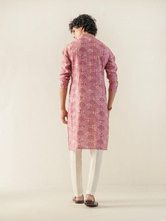 Mens Pink Blended Print Kurta