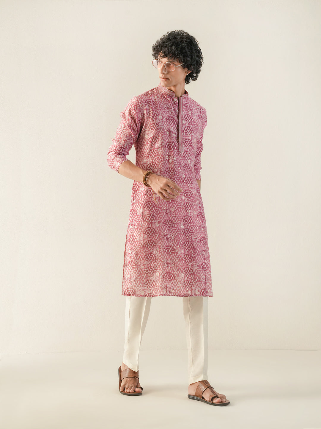 Mens Pink Blended Print Kurta