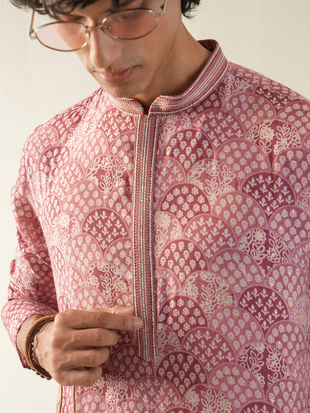 Mens Pink Blended Print Kurta