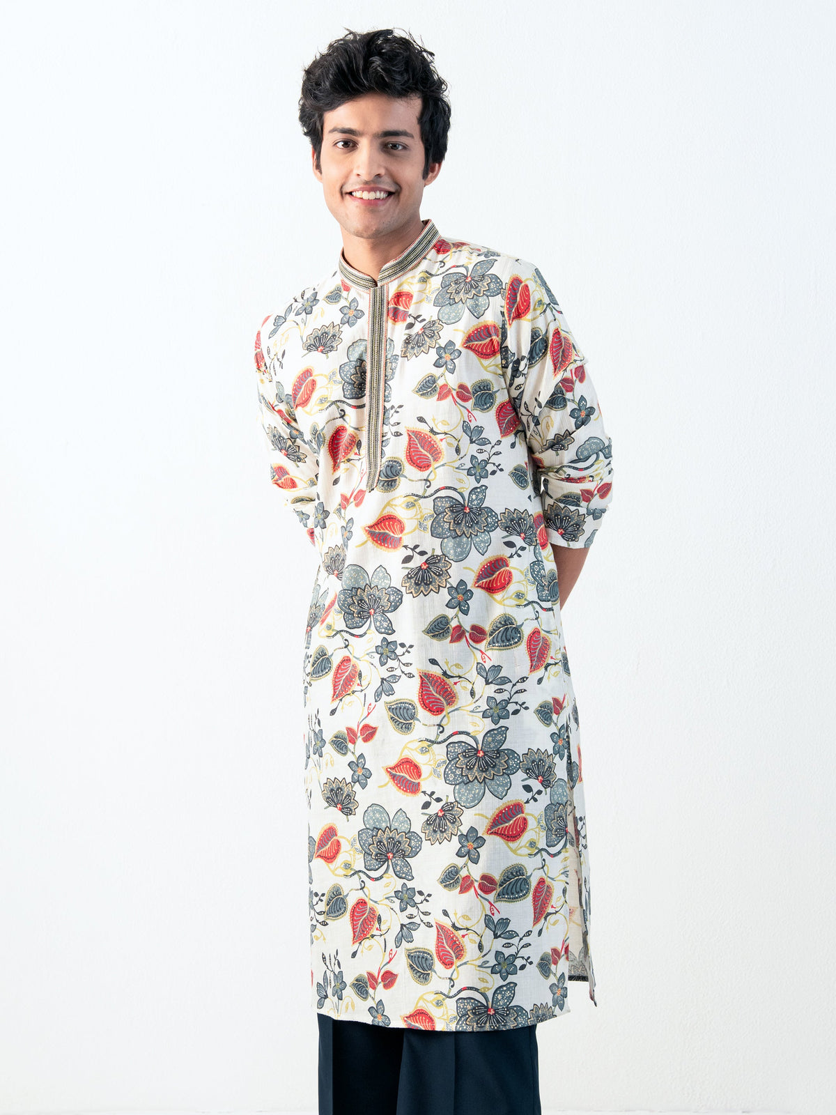 Mens White Blended Print Kurta