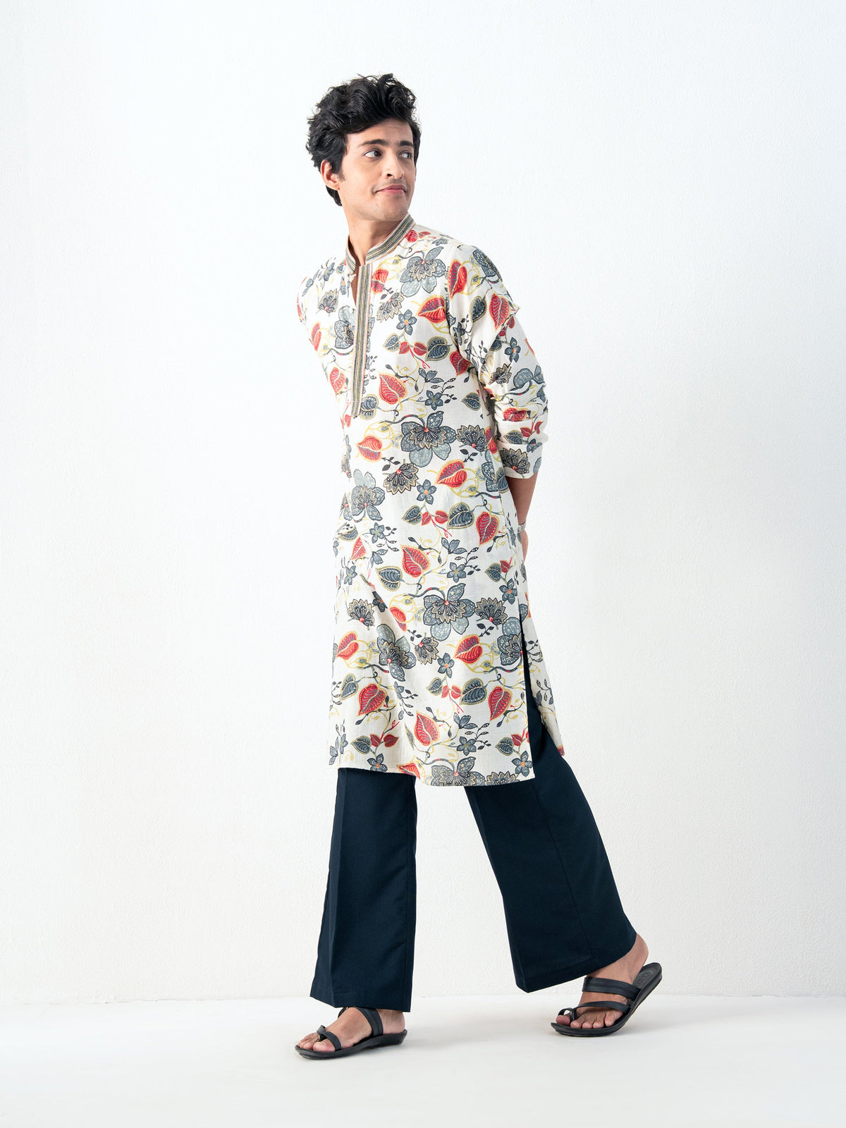 Mens White Blended Print Kurta