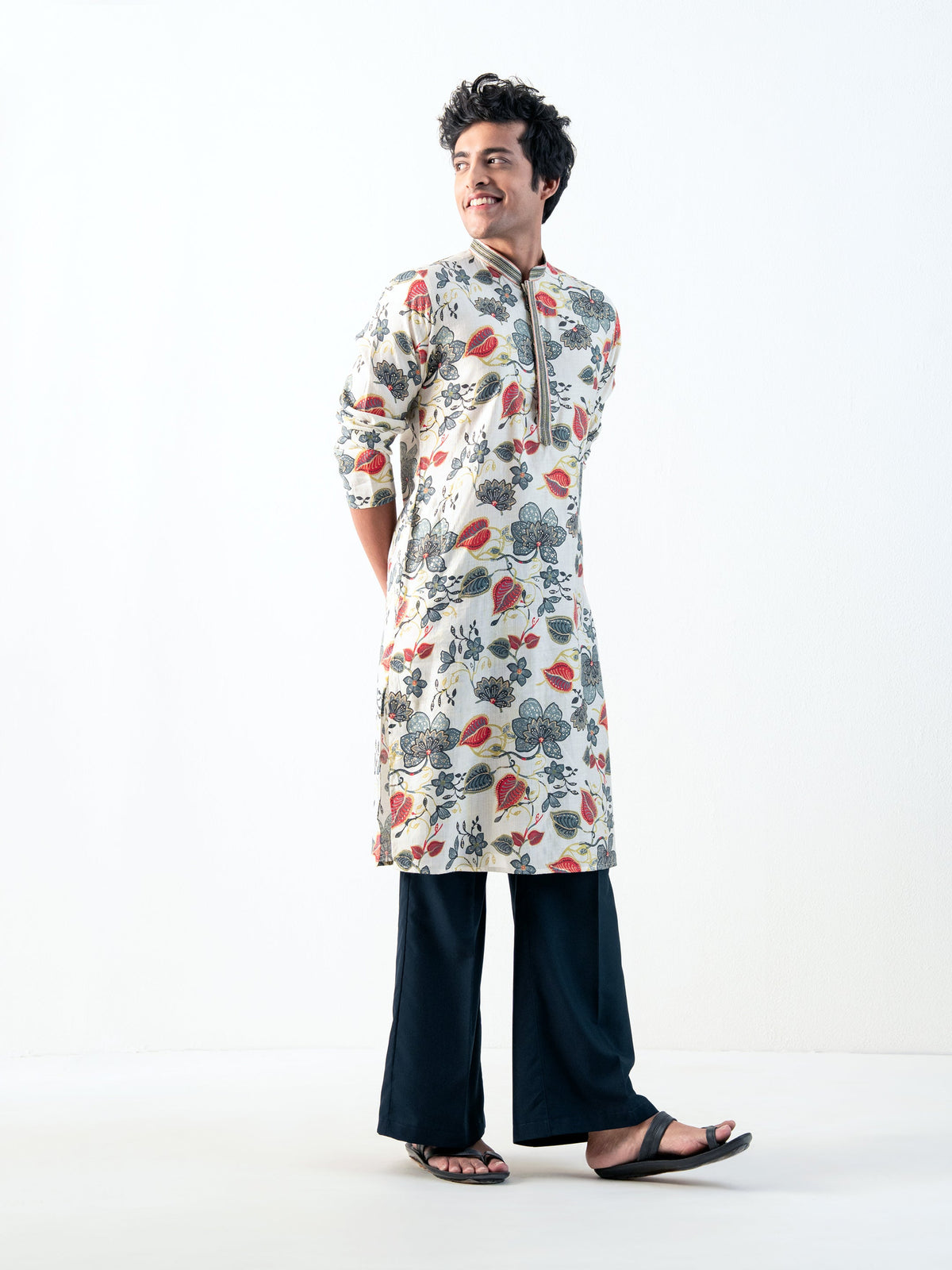 Mens White Blended Print Kurta