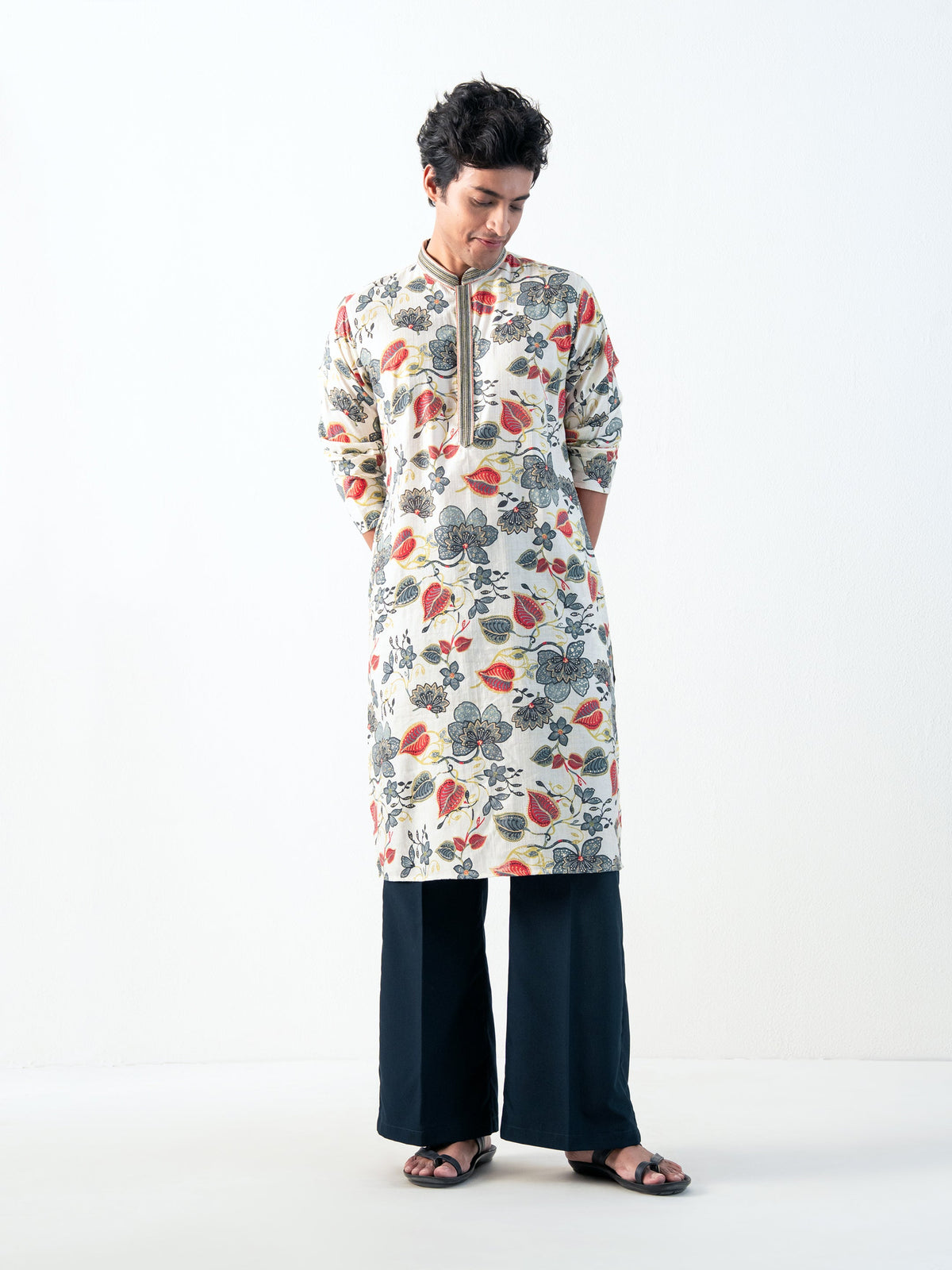 Mens White Blended Print Kurta