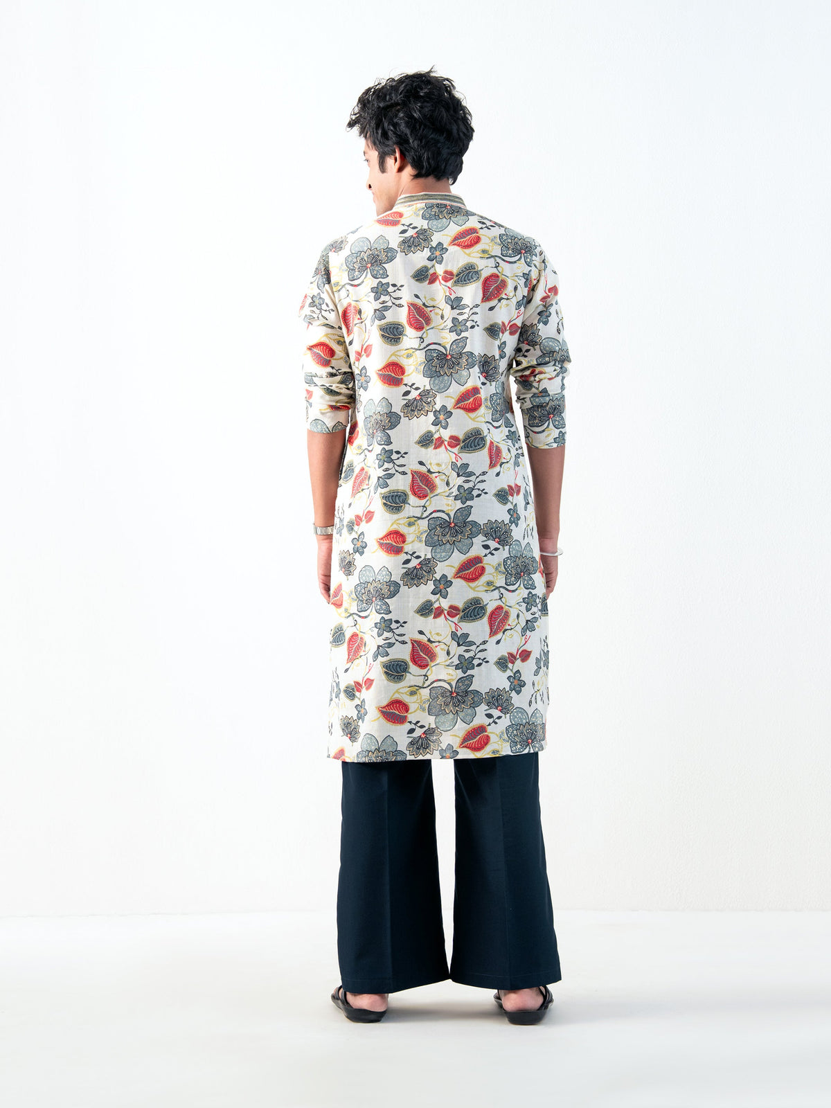 Mens White Blended Print Kurta