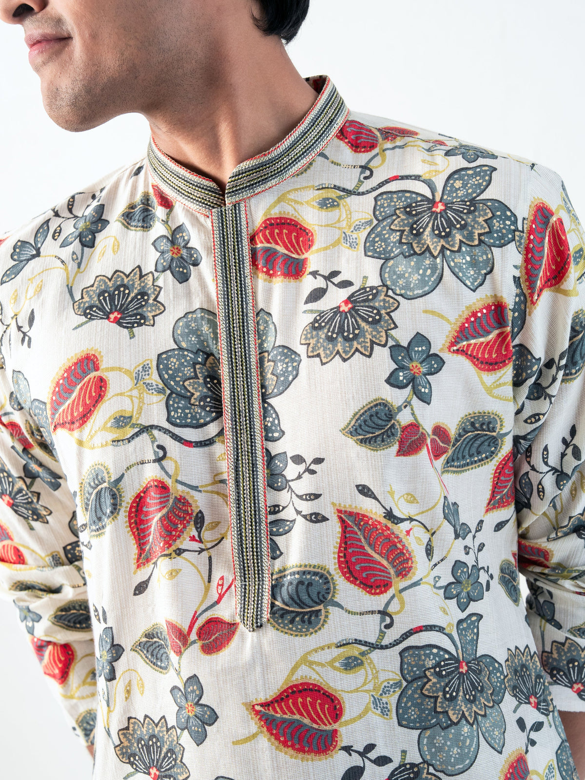 Mens White Blended Print Kurta