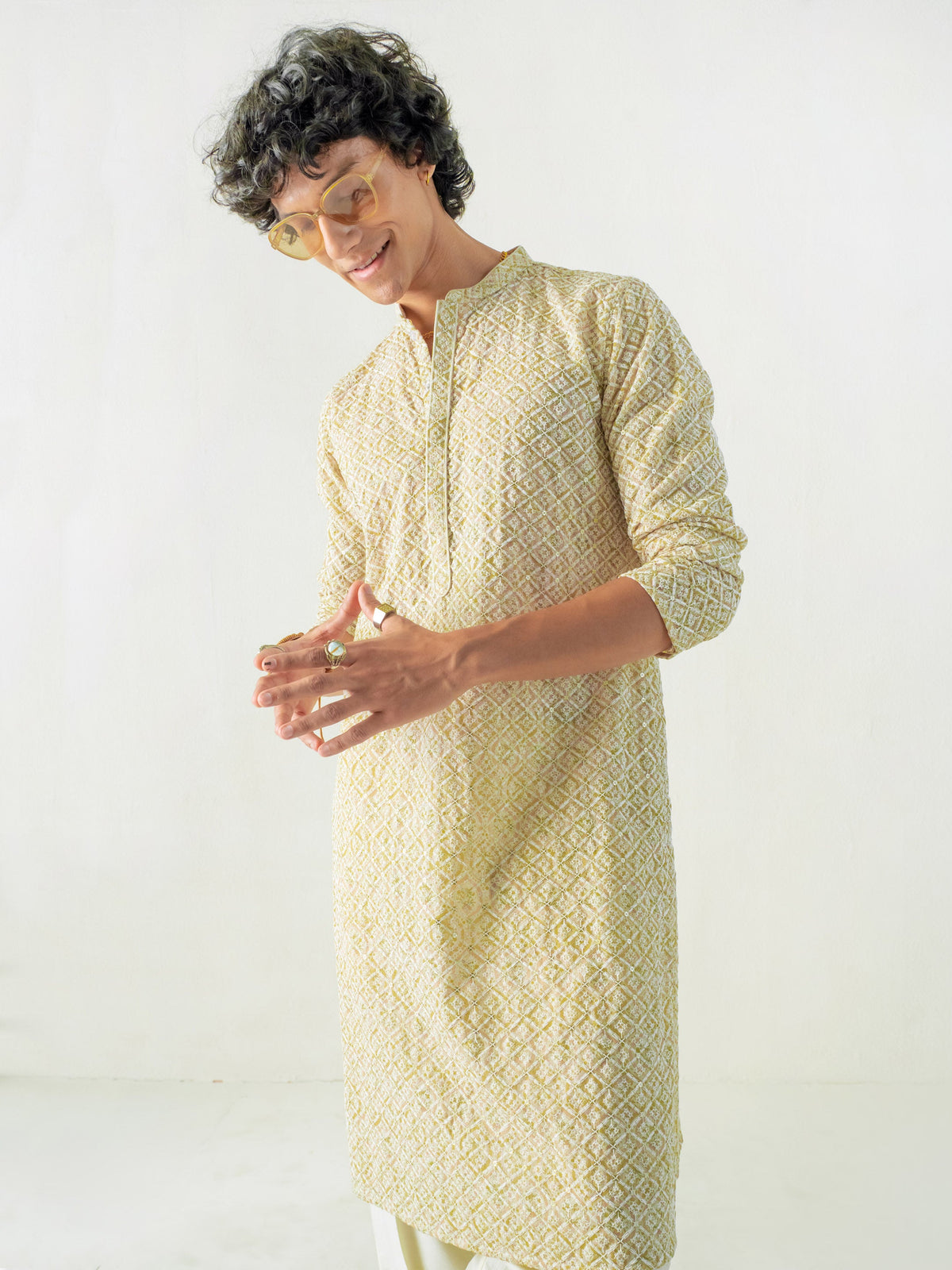 Mens Yellow Blended Embroidery Kurta