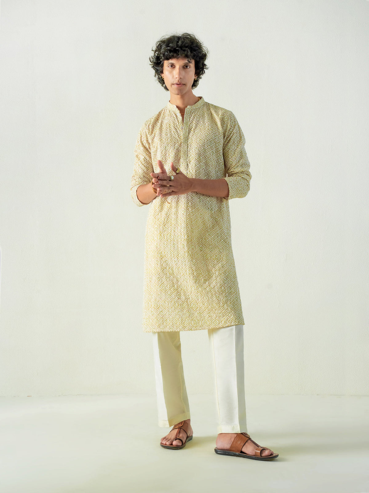 Mens Yellow Blended Embroidery Kurta