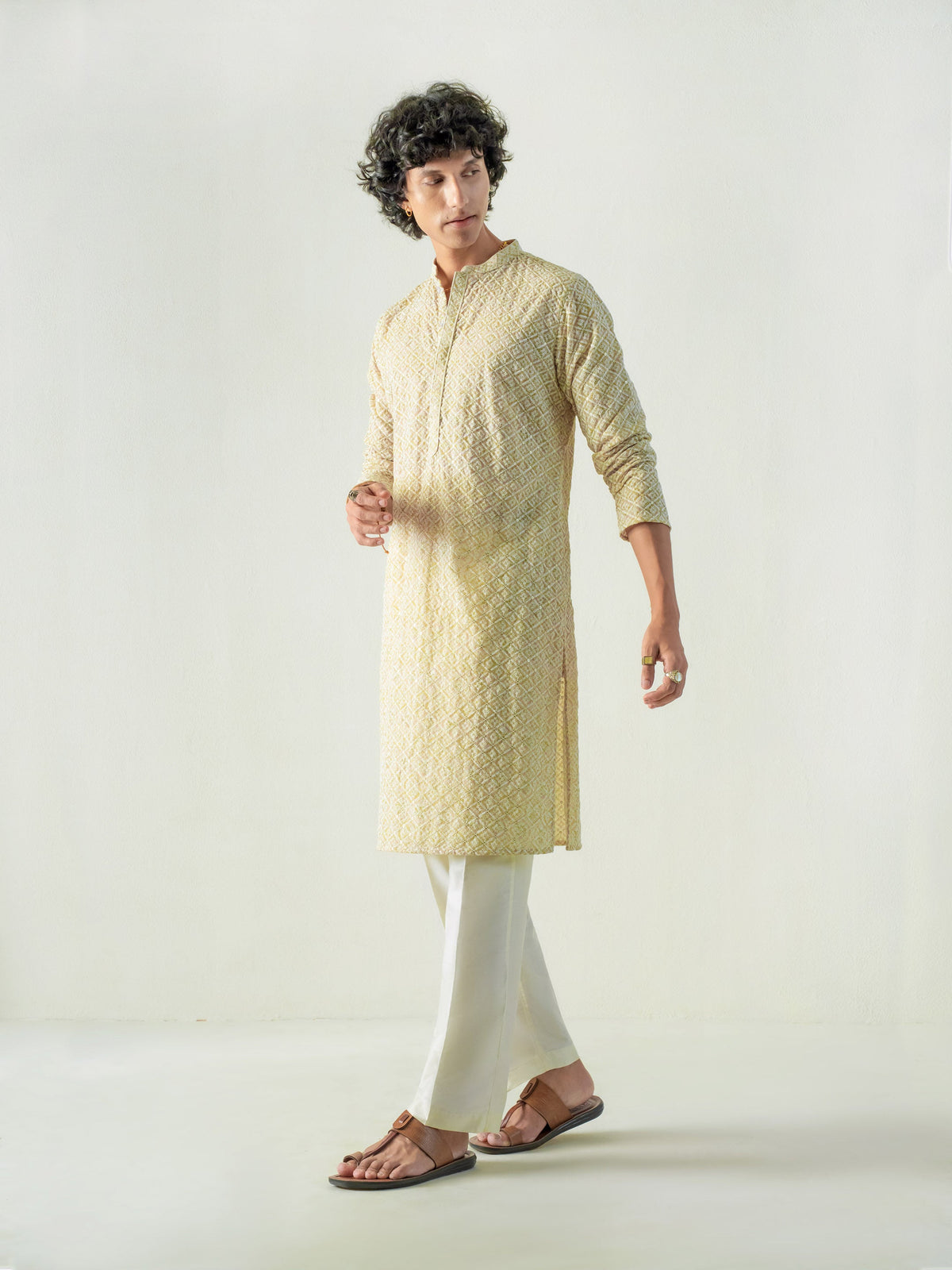 Mens Yellow Blended Embroidery Kurta