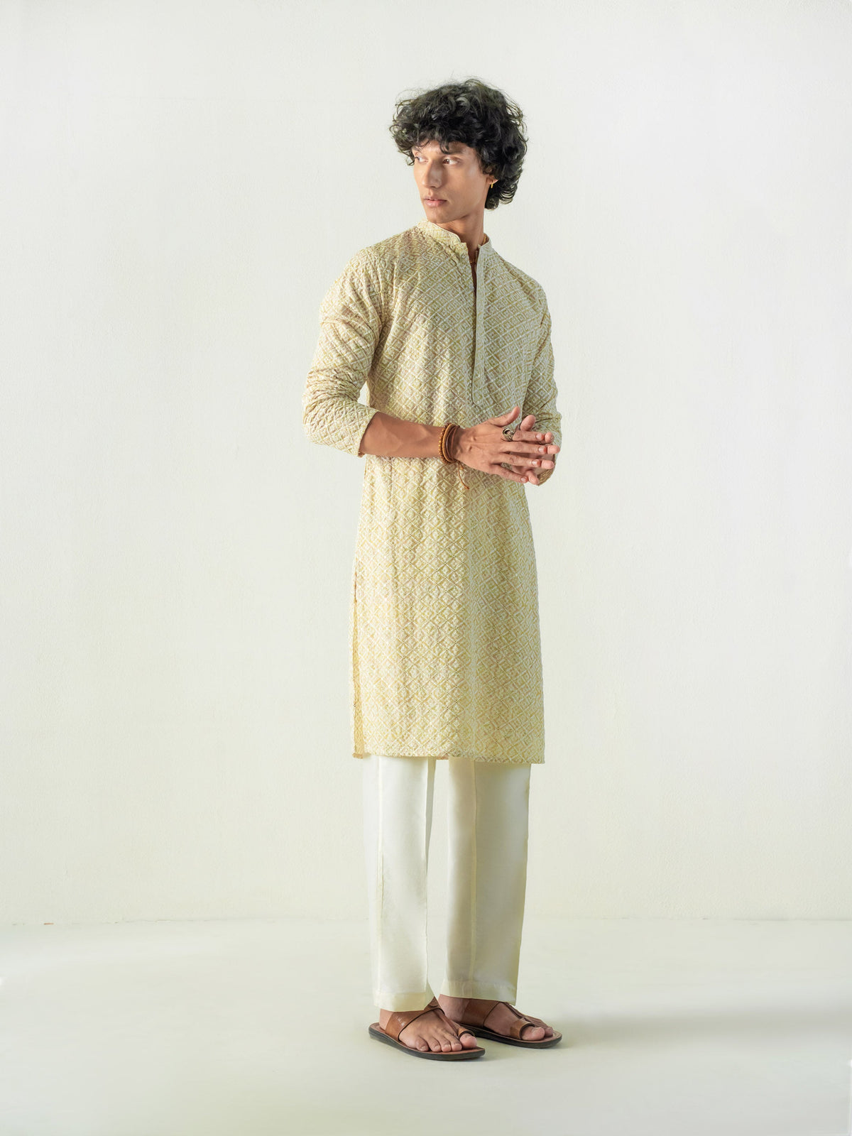 Mens Yellow Blended Embroidery Kurta