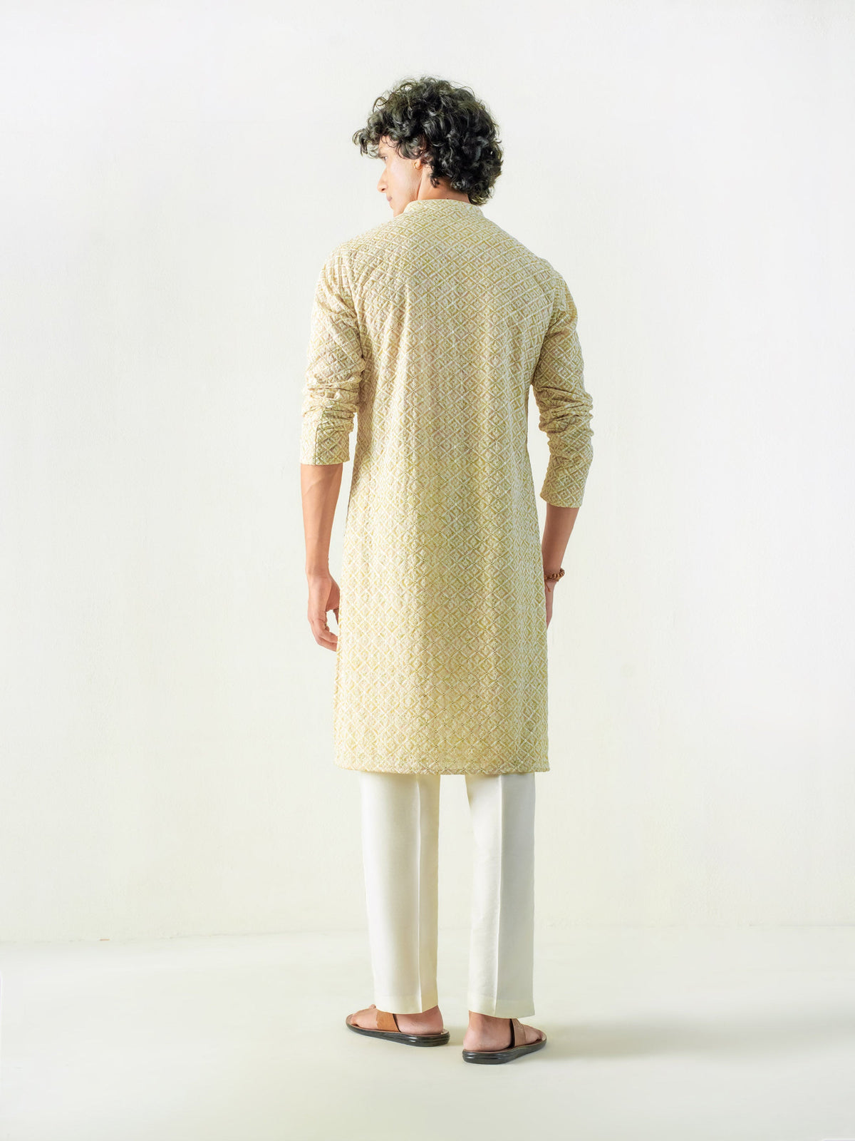 Mens Yellow Blended Embroidery Kurta