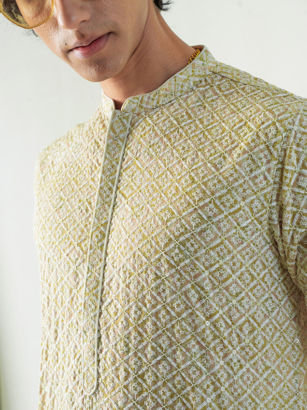Mens Yellow Blended Embroidery Kurta