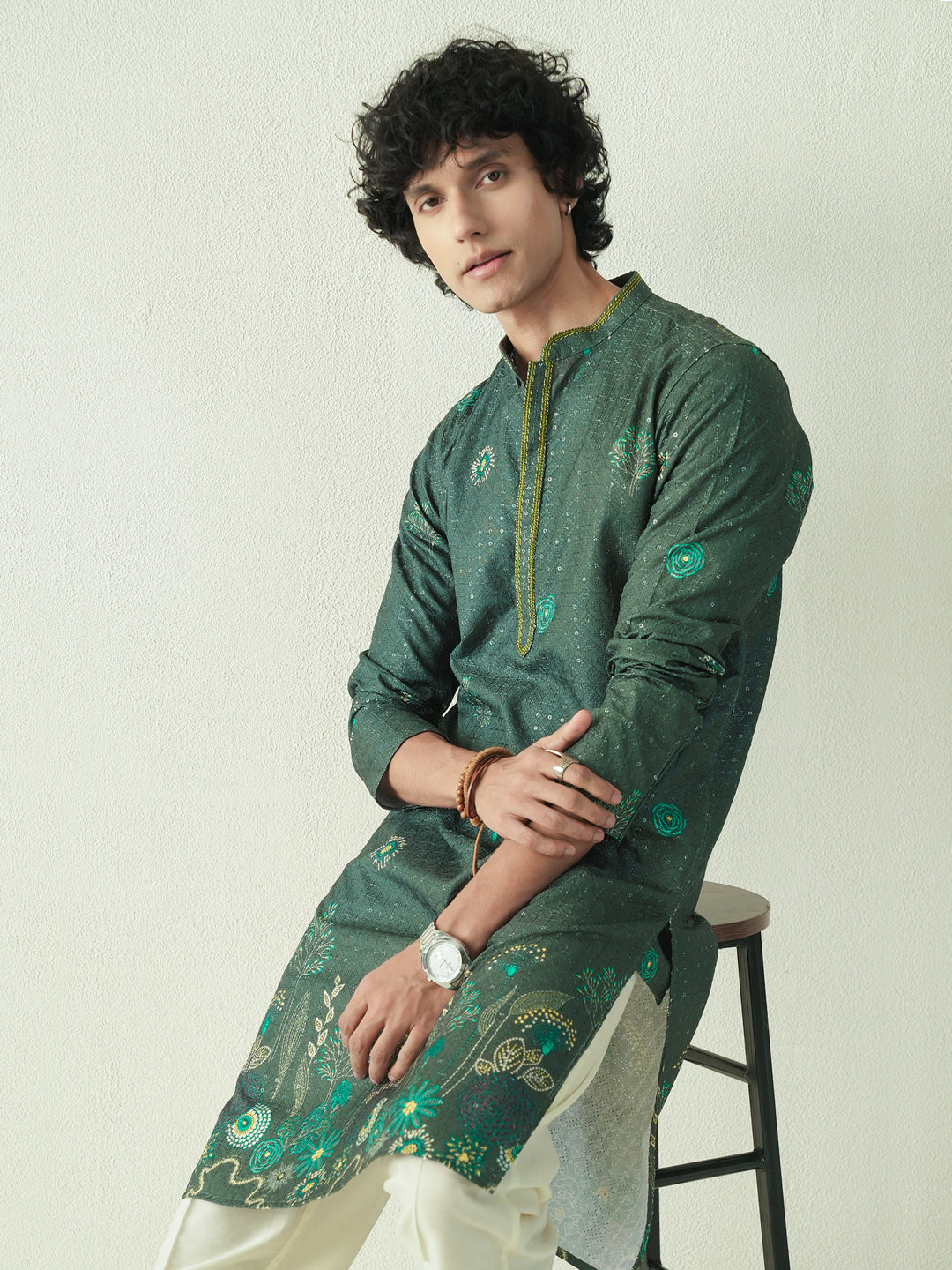 Mens Dark Green Blended Embroidery Kurta