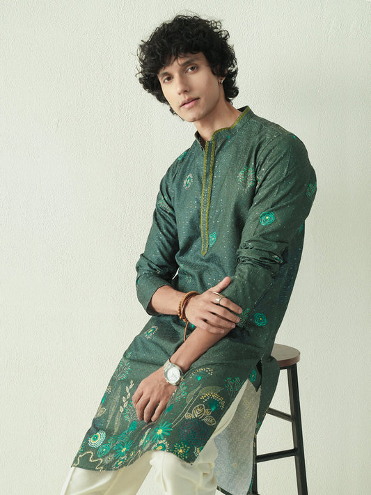 Mens Dark Green Blended Embroidery Kurta