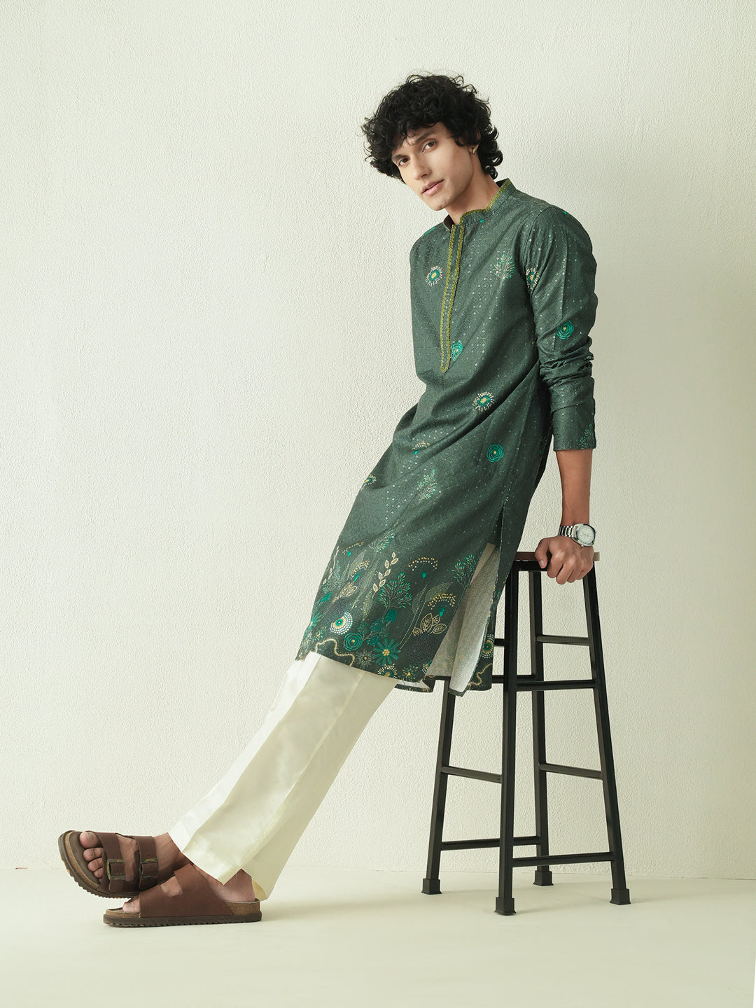Mens Dark Green Blended Embroidery Kurta