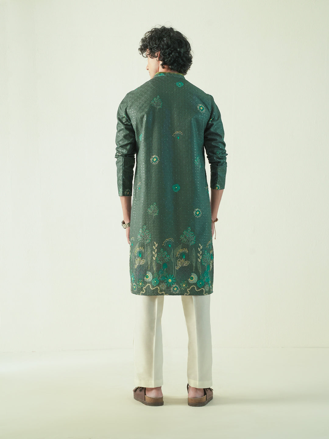 Mens Dark Green Blended Embroidery Kurta