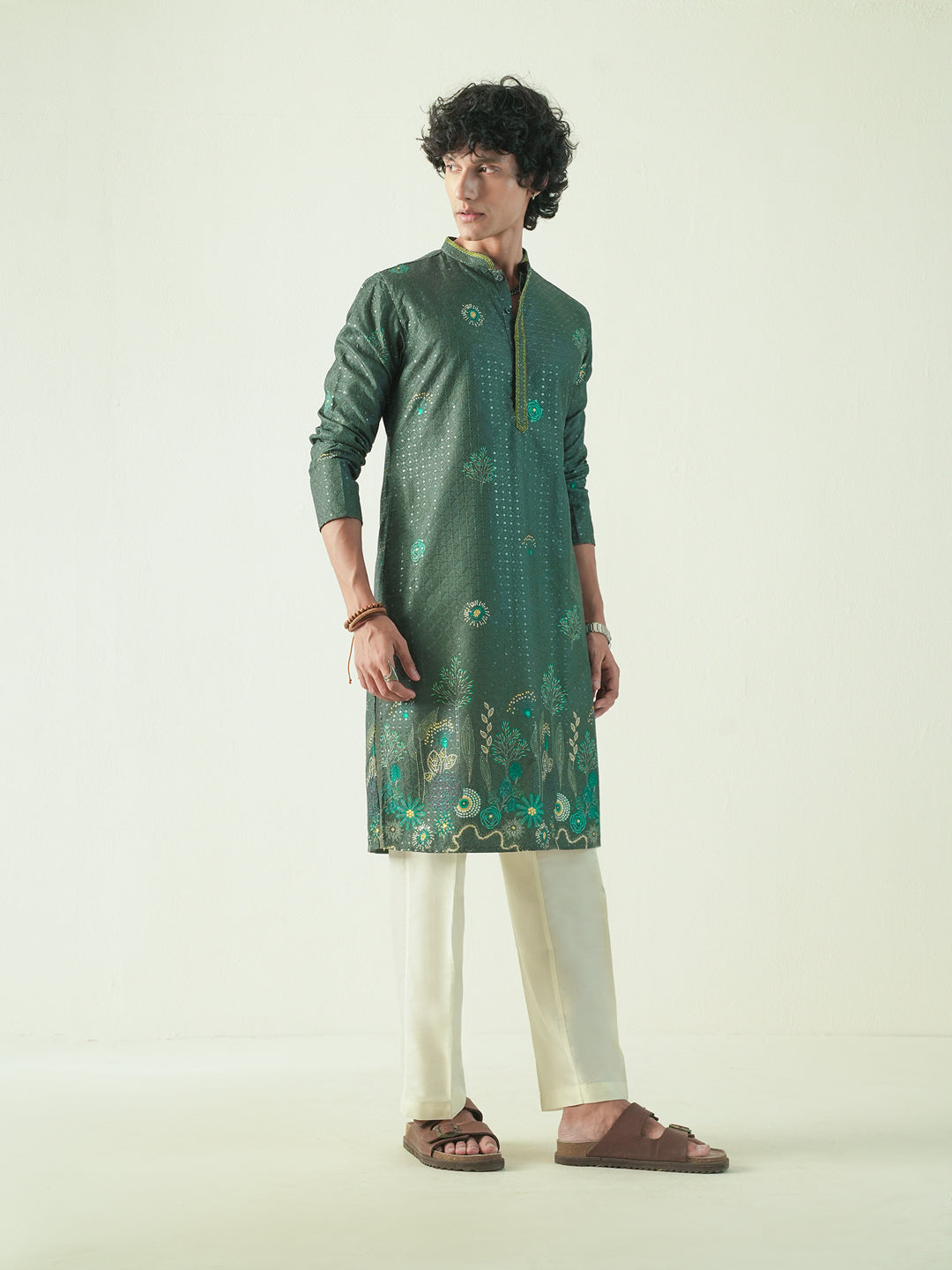Mens Dark Green Blended Embroidery Kurta