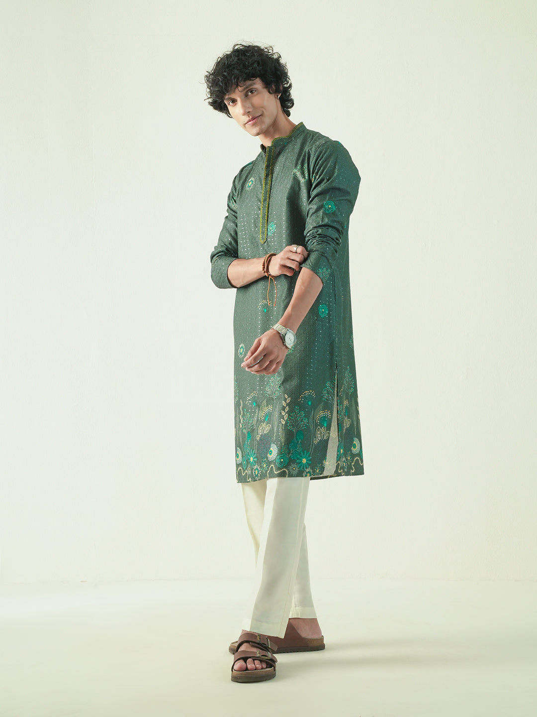 Mens Dark Green Blended Embroidery Kurta