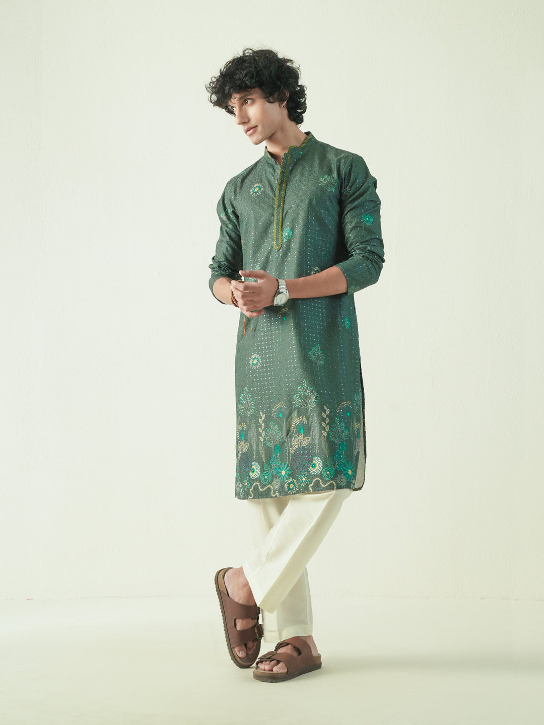 Mens Dark Green Blended Embroidery Kurta