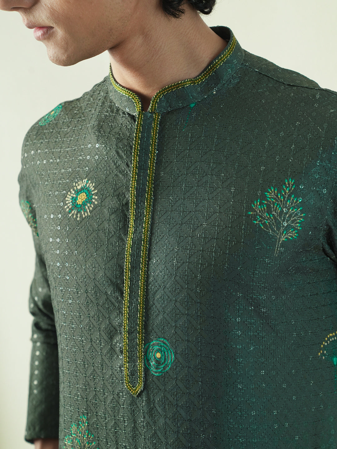 Mens Dark Green Blended Embroidery Kurta