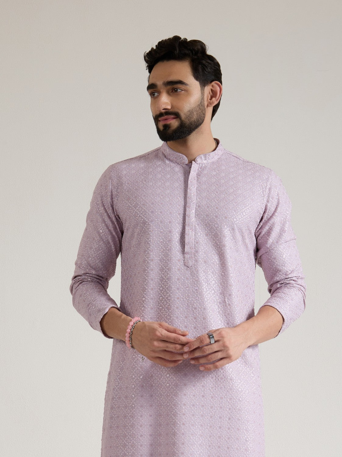 Mens Lavender Blended Embroidery Kurta