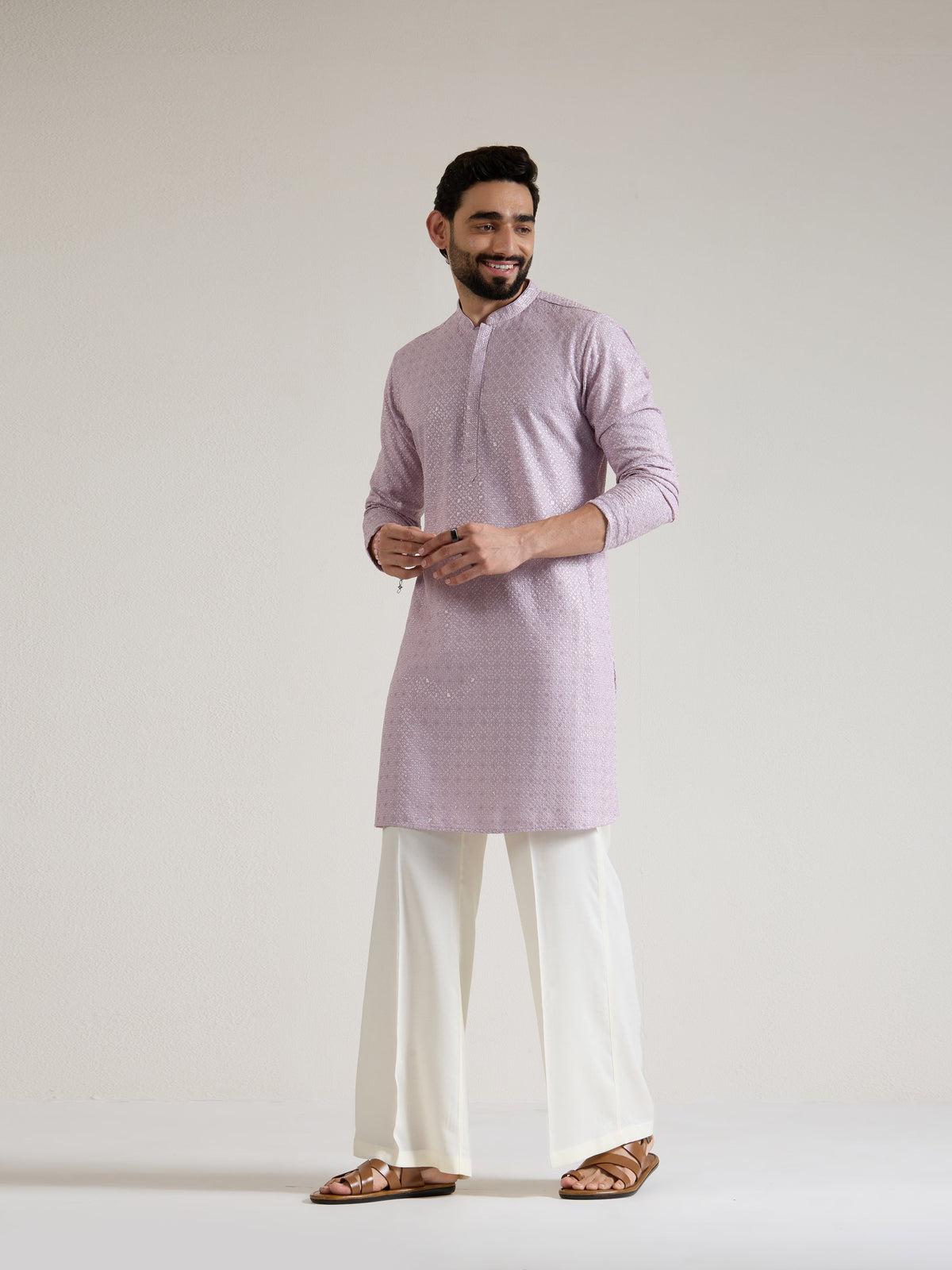 Mens Lavender Blended Embroidery Kurta