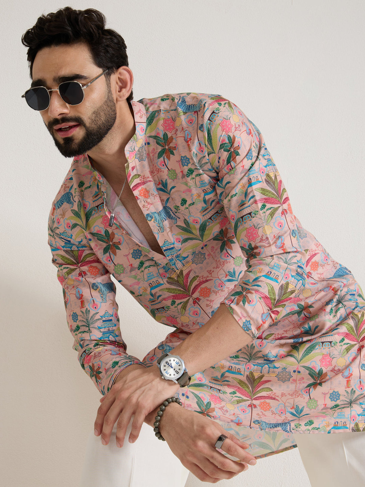 Mens Multicolor Blended Print Kurta
