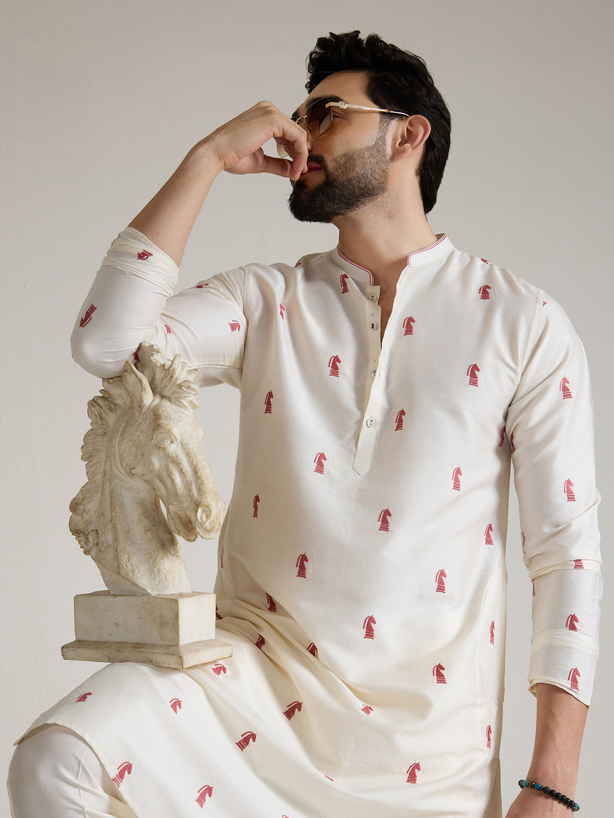 Mens Off-White Blended Light  Embroidery Kurta