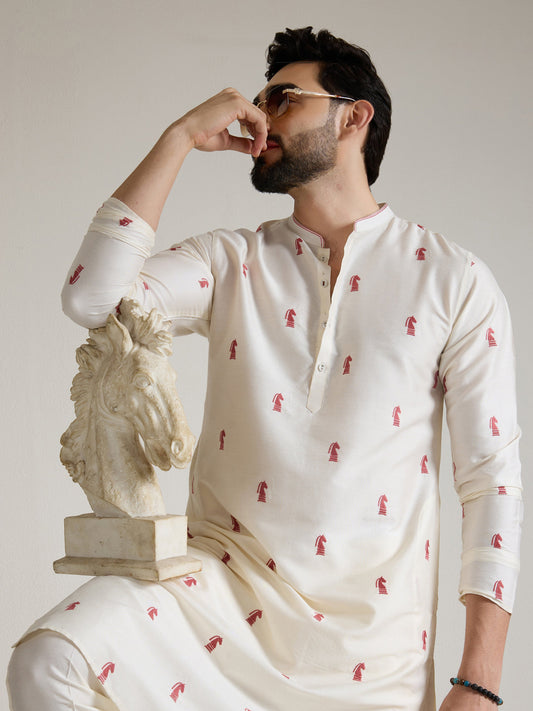 Mens Off-White Blended Light  Embroidery Kurta