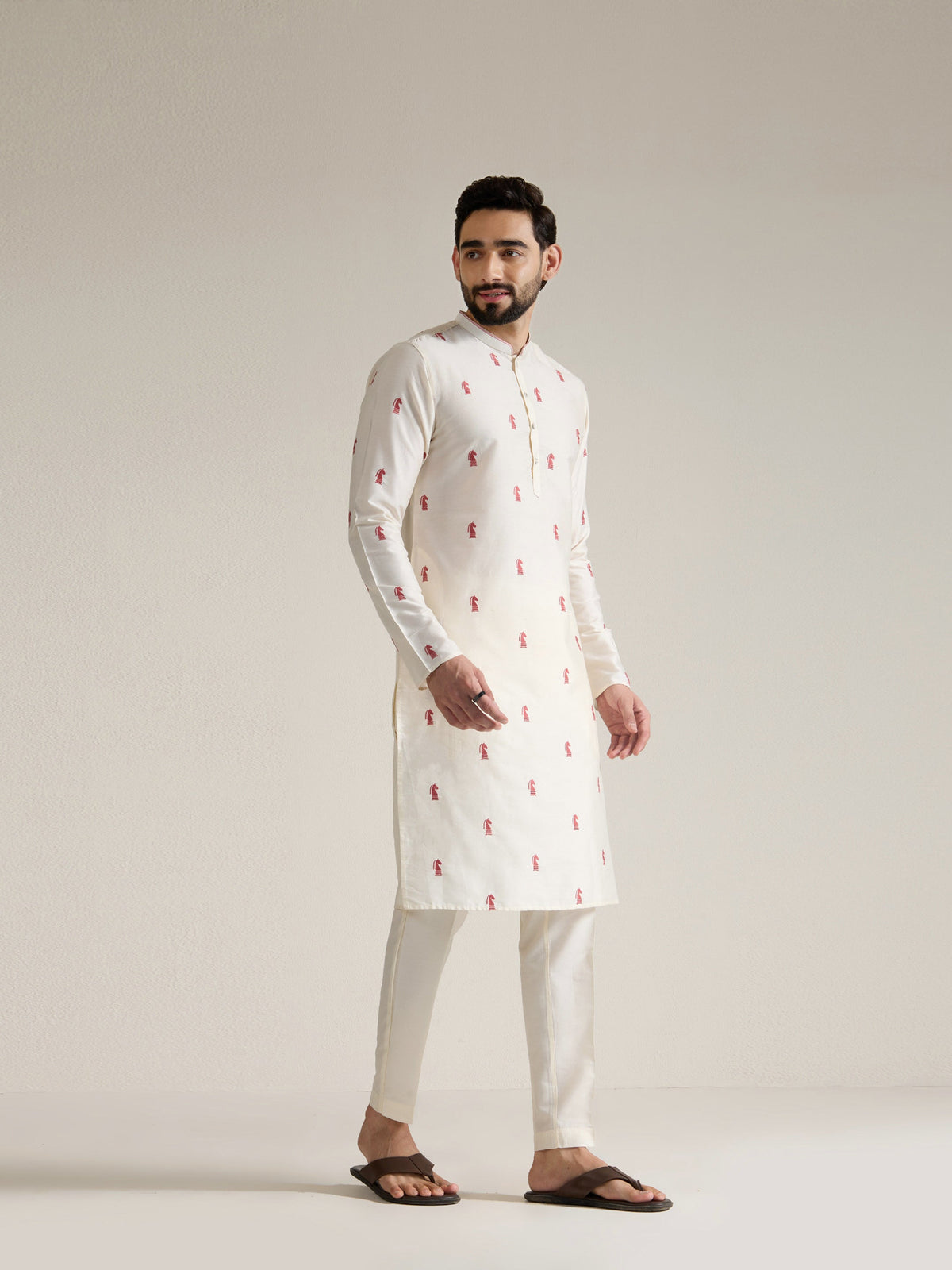 Mens Off-White Blended Light  Embroidery Kurta