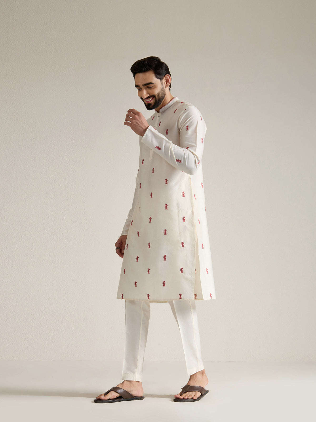 Mens Off-White Blended Light  Embroidery Kurta