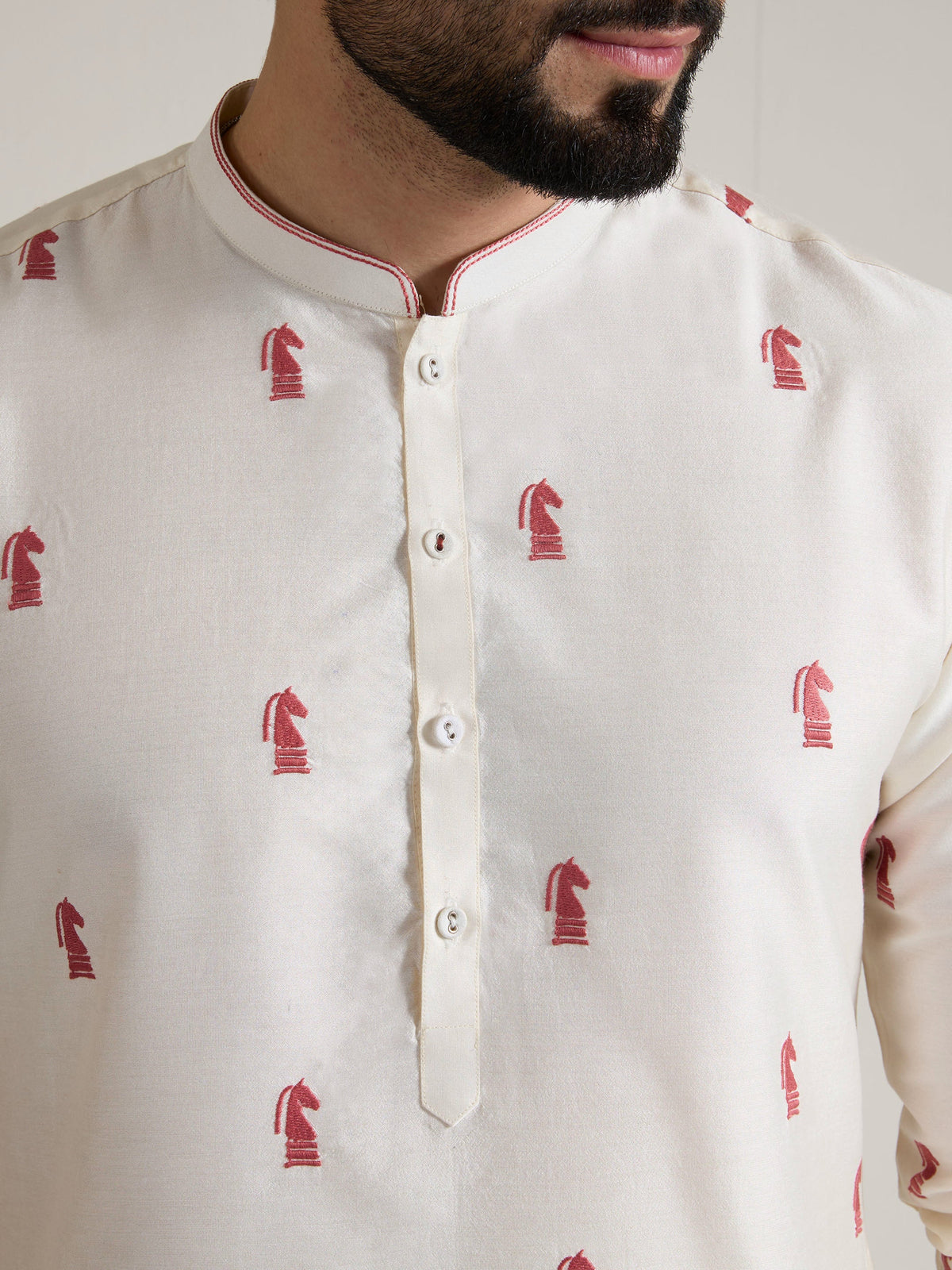 Mens Off-White Blended Light  Embroidery Kurta
