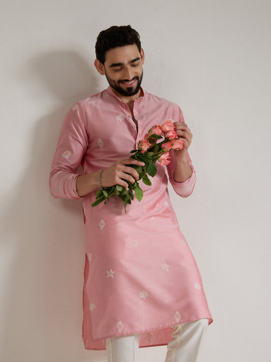 Mens Pink Blended Light  Embroidery Kurta