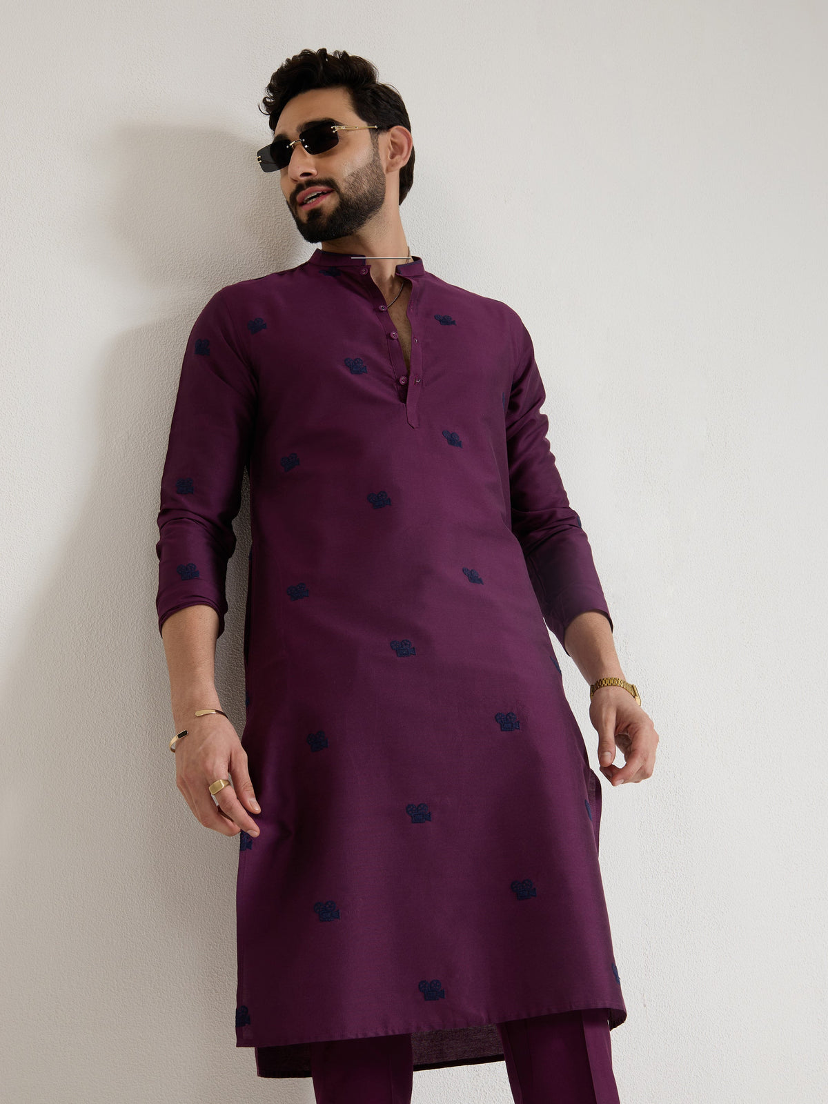 Mens Wine Blended Light  Embroidery Kurta