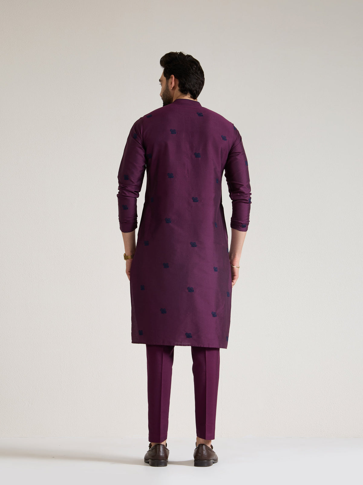 Mens Wine Blended Light  Embroidery Kurta