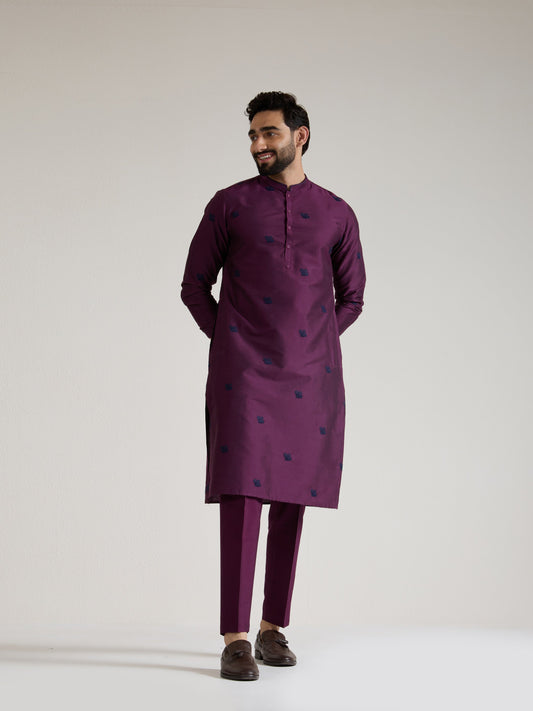 Mens Wine Blended Light  Embroidery Kurta