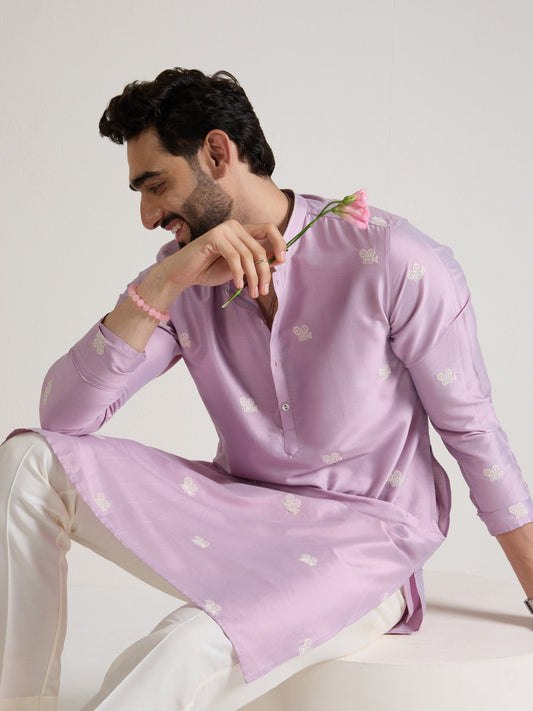 Mens Pink Blended Light  Embroidery Kurta