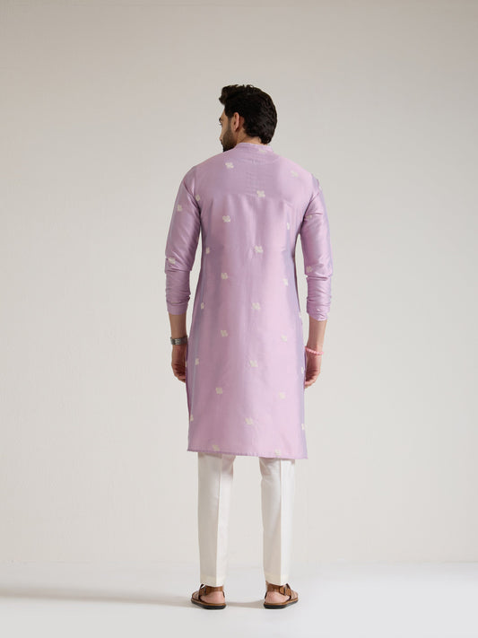 Mens Pink Blended Light  Embroidery Kurta