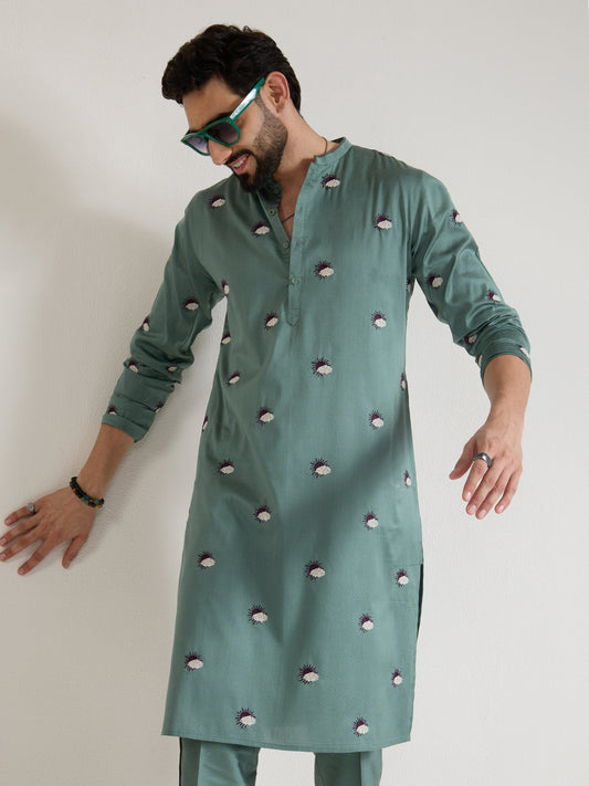 Mens Green Blended Light  Embroidery Kurta