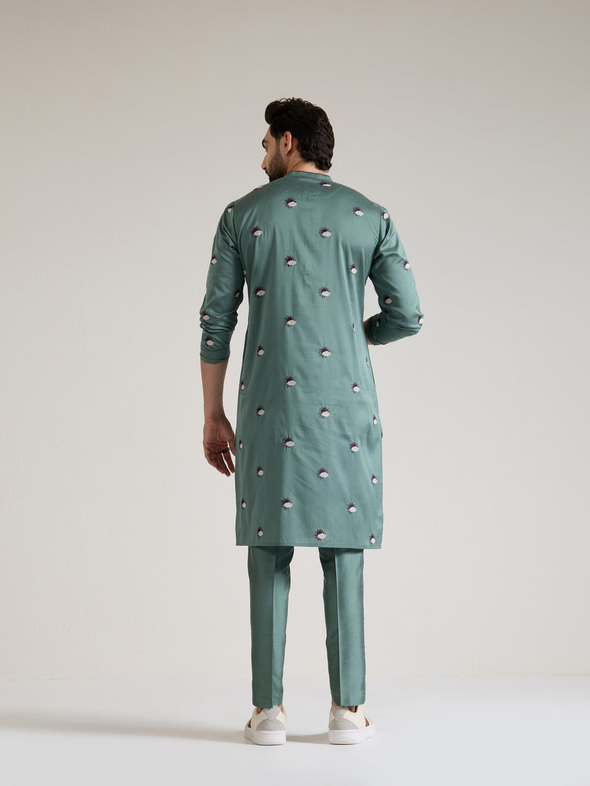 Mens Green Blended Light  Embroidery Kurta