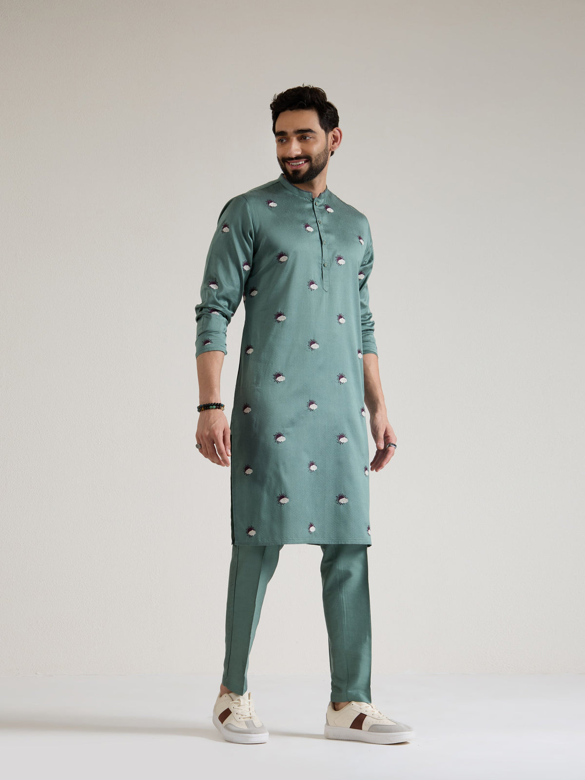 Mens Green Blended Light  Embroidery Kurta