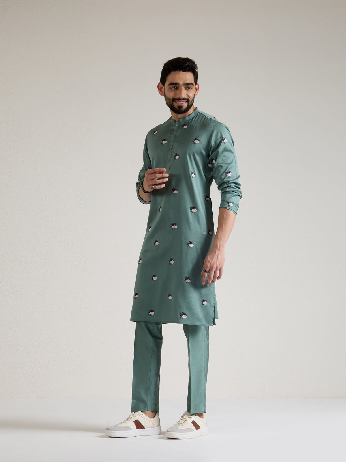 Mens Green Blended Light  Embroidery Kurta