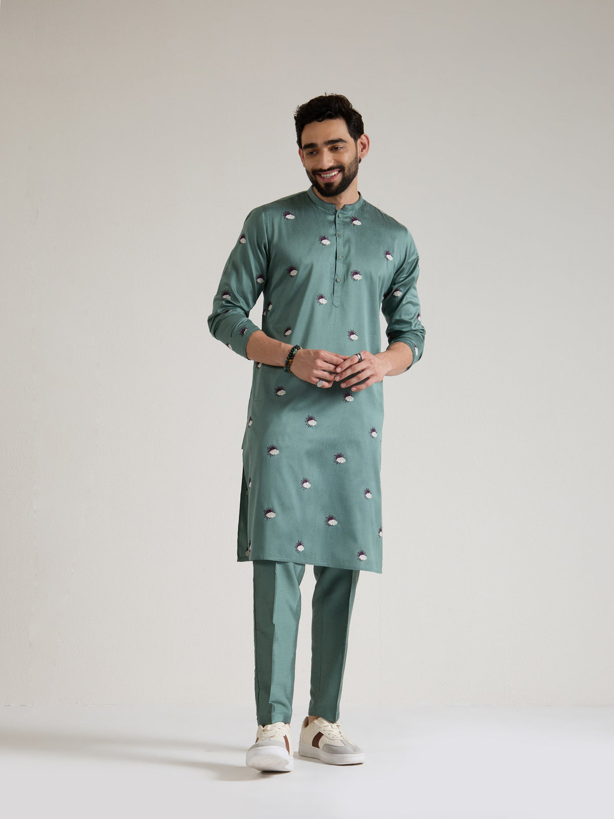 Mens Green Blended Light  Embroidery Kurta