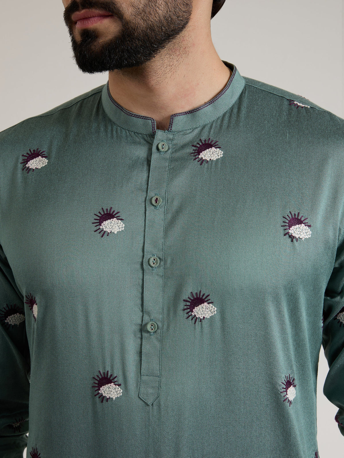 Mens Green Blended Light  Embroidery Kurta