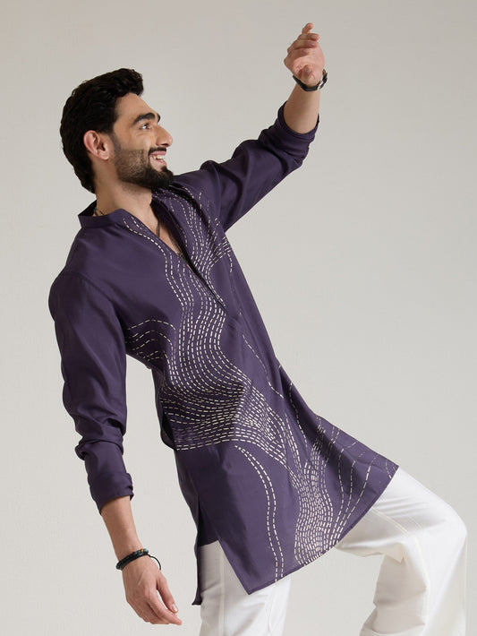 Mens Purple Blended Print Kurta