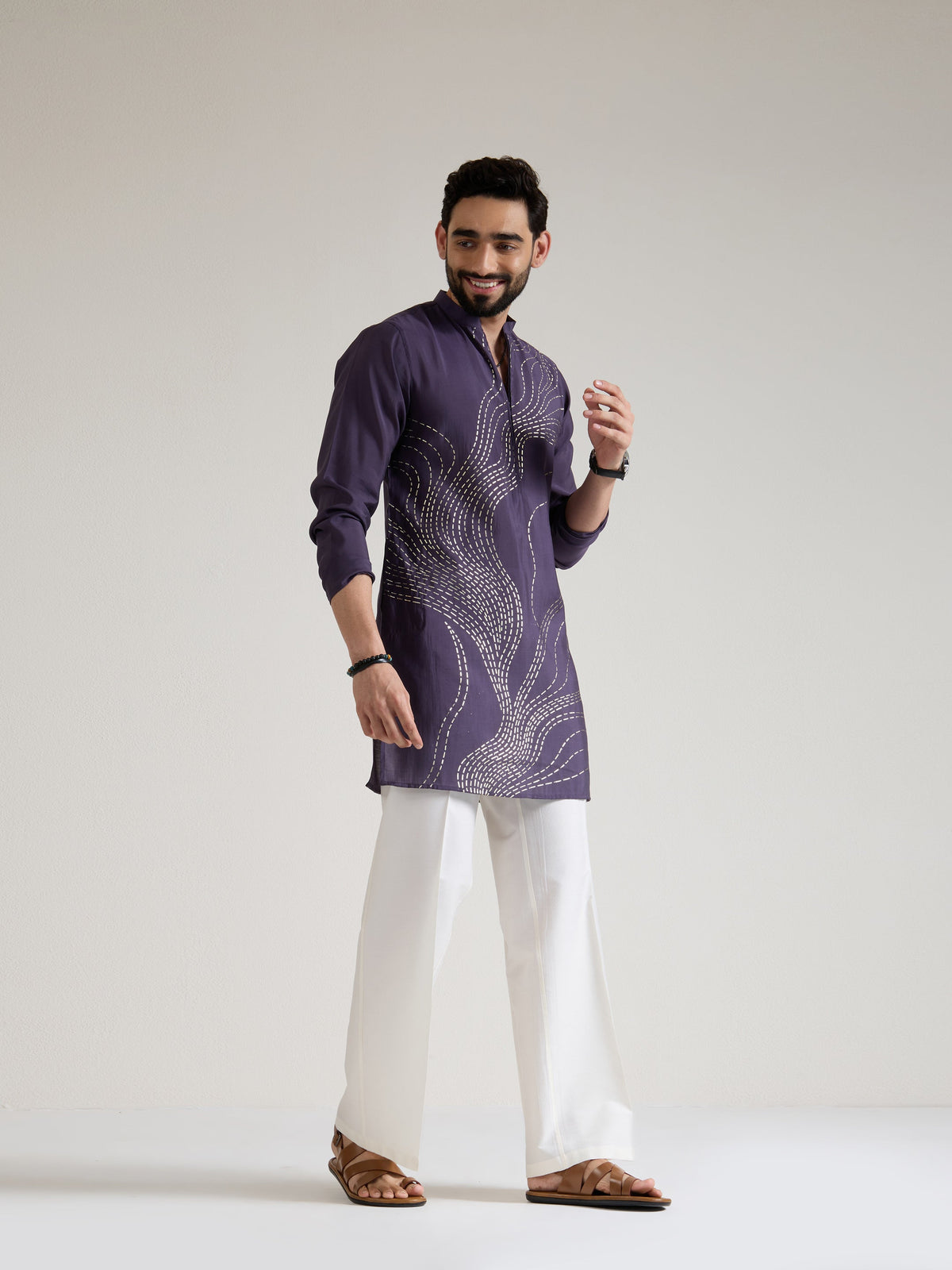 Mens Purple Blended Print Kurta