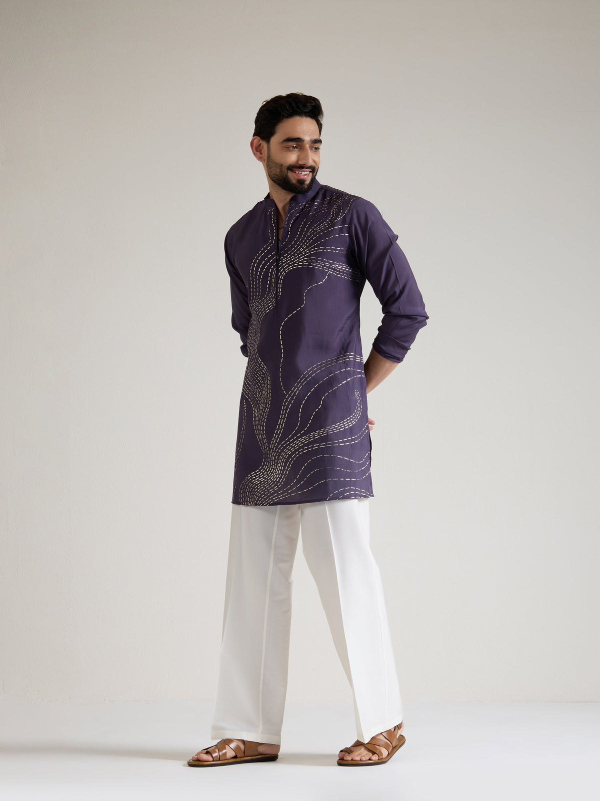 Mens Purple Blended Print Kurta