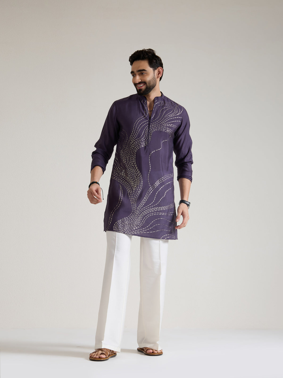 Mens Purple Blended Print Kurta