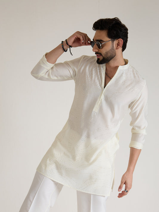 Mens White Blended Print Kurta