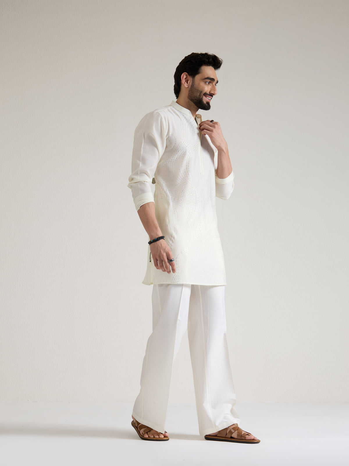 Mens White Blended Print Kurta