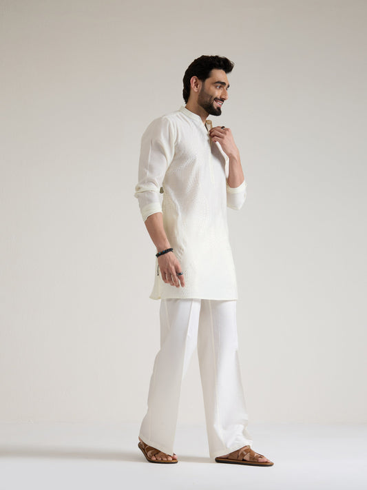 Mens White Blended Print Kurta